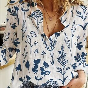 Floral Print Women's Top - Blue and White